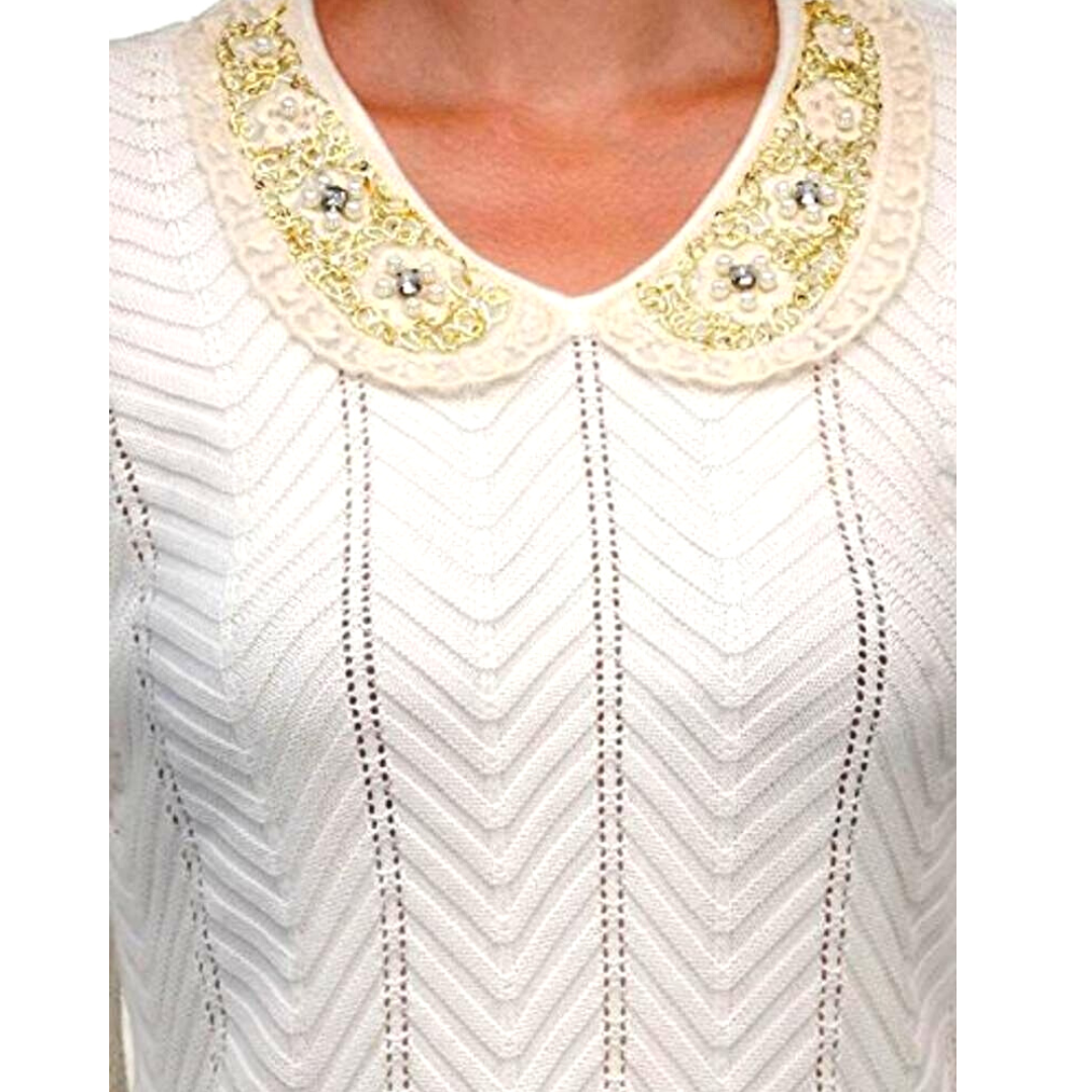 White Wool Blend Sweater with Embellished Collar – Classic Winter Pullover for Women