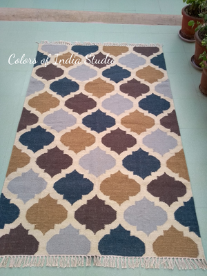 4 Feet x 6 Feet Blue / Brown Wool and Cotton Rug / Dhurrie