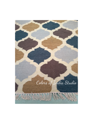 4 Feet x 6 Feet Blue / Brown Wool and Cotton Rug / Dhurrie