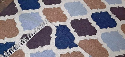 4 Feet x 6 Feet Blue / Brown Wool and Cotton Rug / Dhurrie