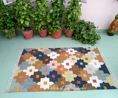 3 Feet x 5 Feet Multi Color Wool and Cotton Rug / Dhurrie