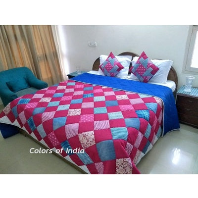 Handmade Indian Quilted Bedspread – Pink & Blue Patchwork Blanket