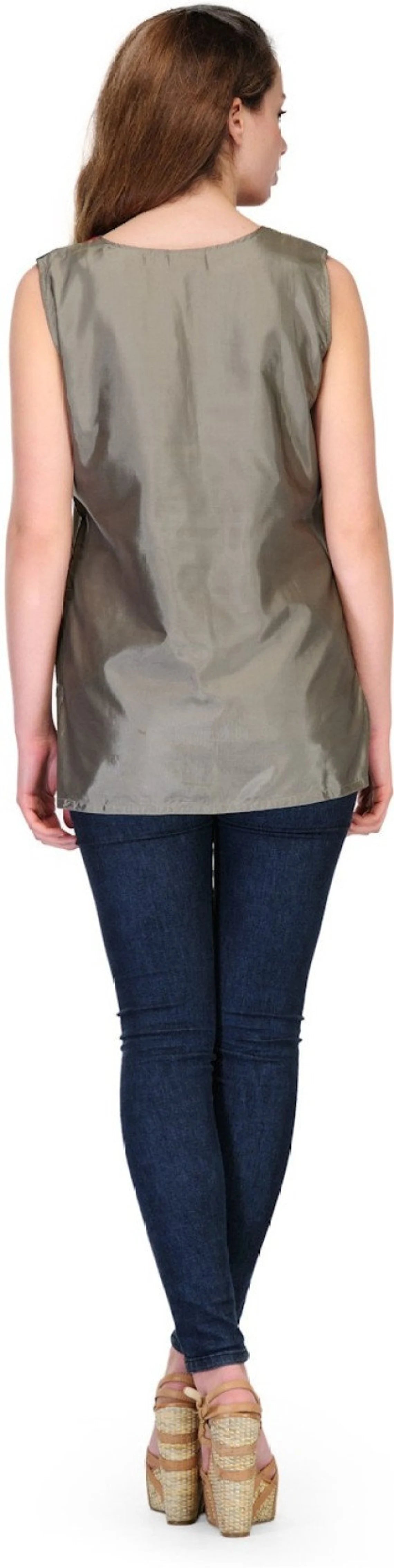 Grey silk satin sleeveless embroidered kurti , Chest 38 Inches