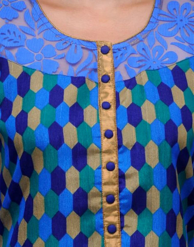 Blue kurta for women , Blue long kurta with lace sleeves , Chest - 40 Inches