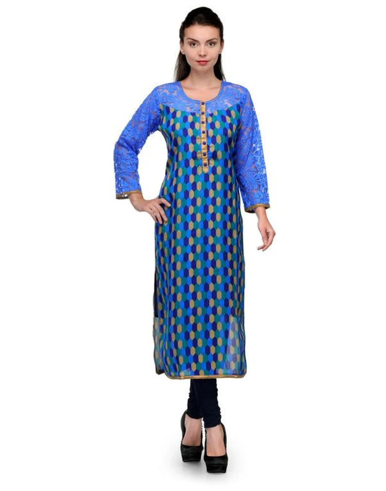 Blue kurta for women , Blue long kurta with lace sleeves , Chest - 40 Inches