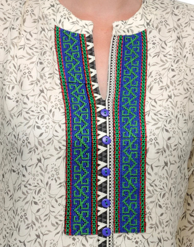 Off-White & Black Printed Viscose Summer Kurta for Women