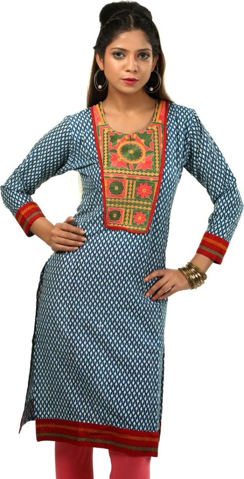 Blue embroidered cotton Kurta