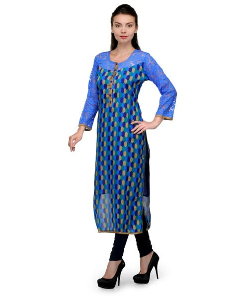 Blue kurta for women , Blue long kurta with lace sleeves , Chest - 40 Inches