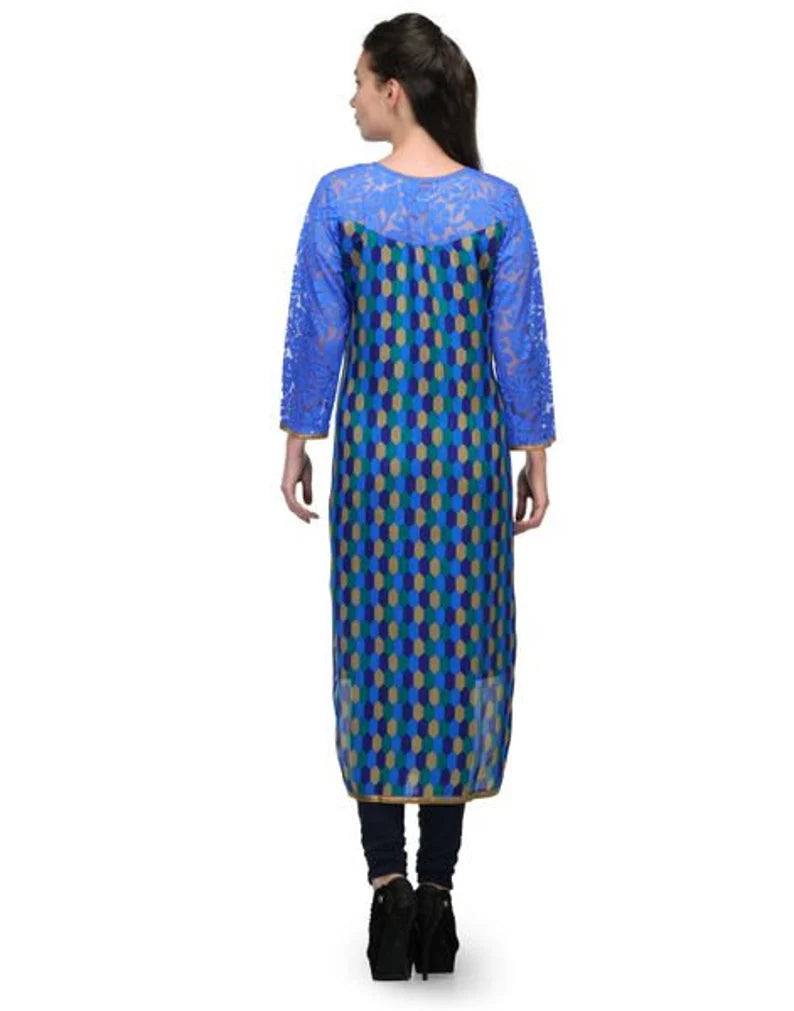 Blue kurta for women , Blue long kurta with lace sleeves , Chest - 40 Inches