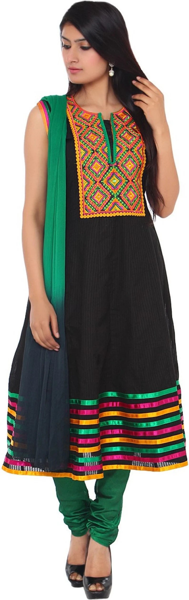 Black Salwar Kameez , Readymade Salwar Kameez , Indian Dresses for Women , Black Embroidered Dress , Chest - 38 Inches