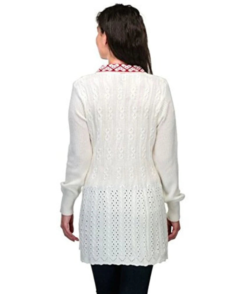 Ladies white sweater with contrast red collar