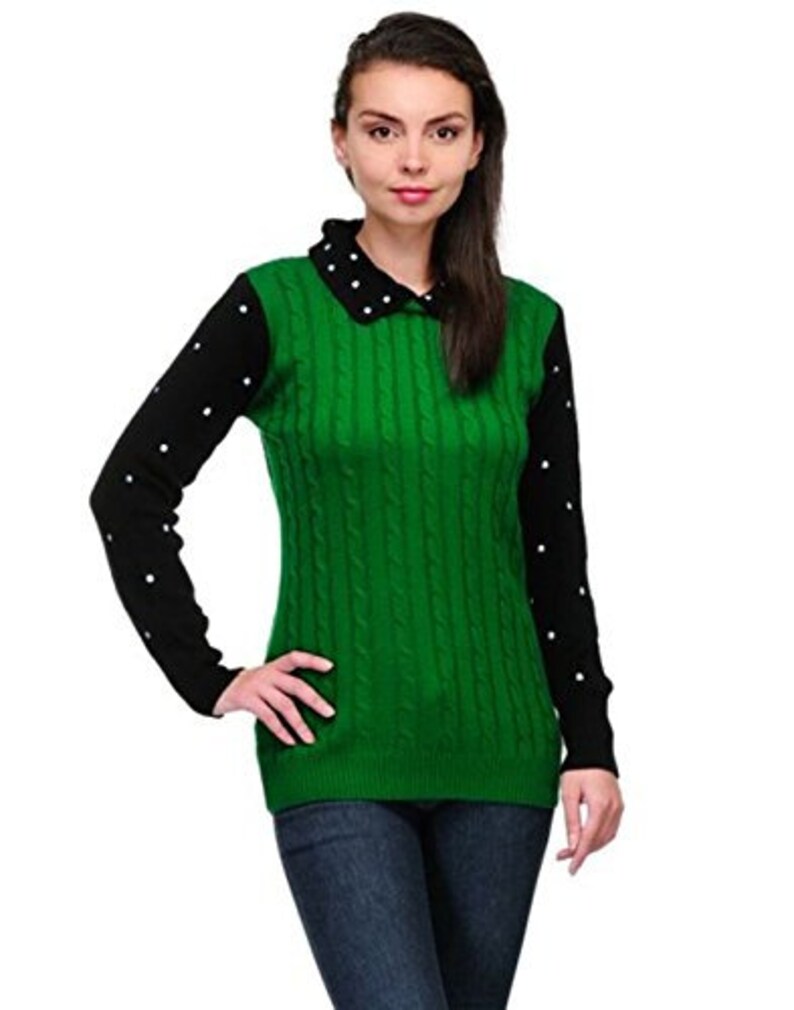 Green / Black woollen sweater for women