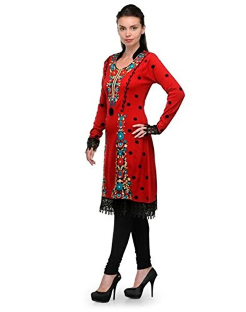 Red woollen embroidered kurti , Chest 38 Inches