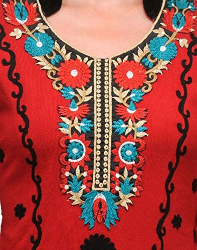 Red woollen embroidered kurti , Chest 38 Inches