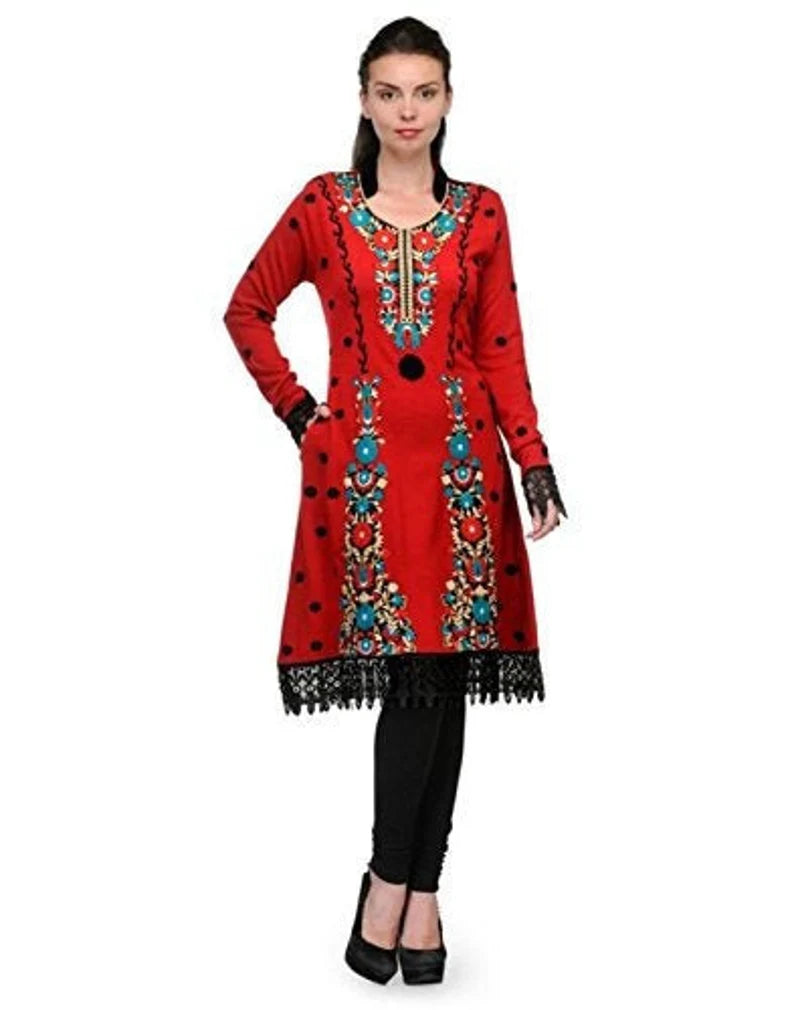Red woollen embroidered kurti , Chest 38 Inches