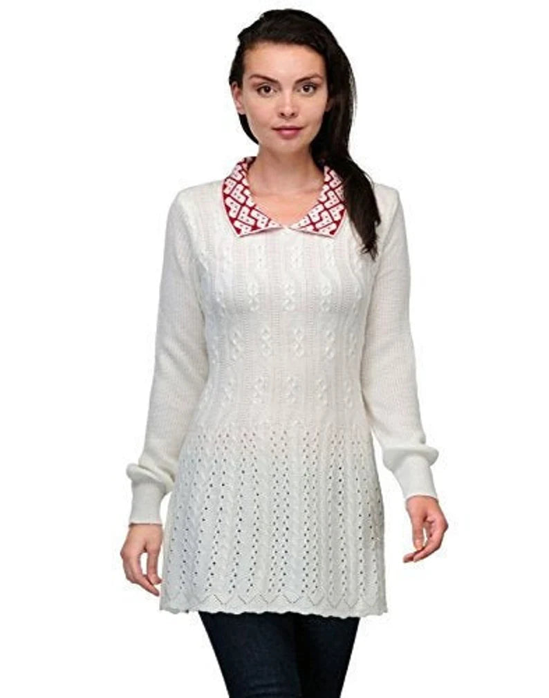 Ladies white sweater with contrast red collar