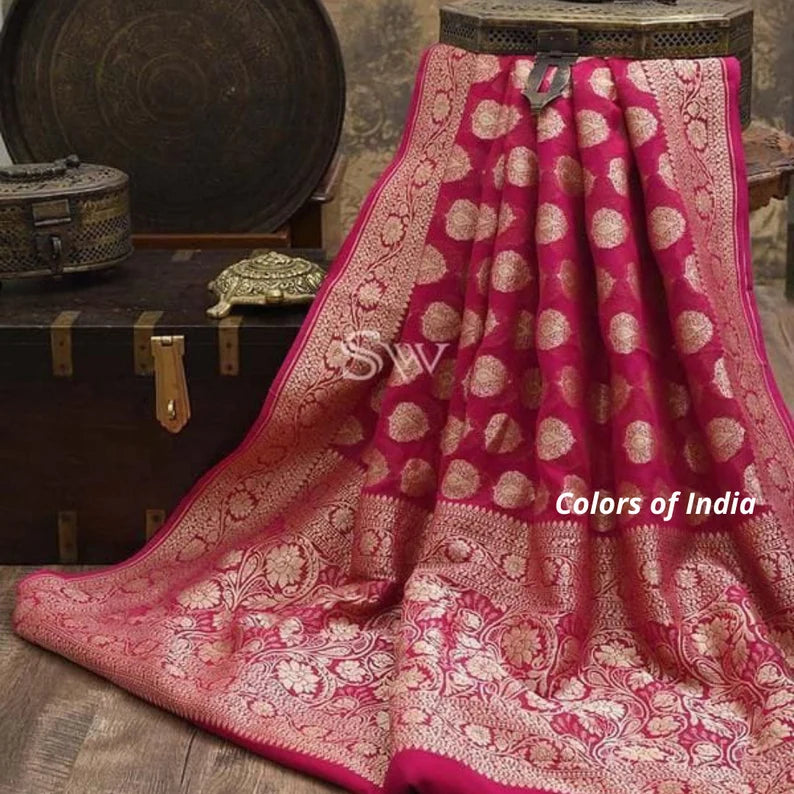 Red Party Wear Semi Georgette Saree , FREE DELIVERY