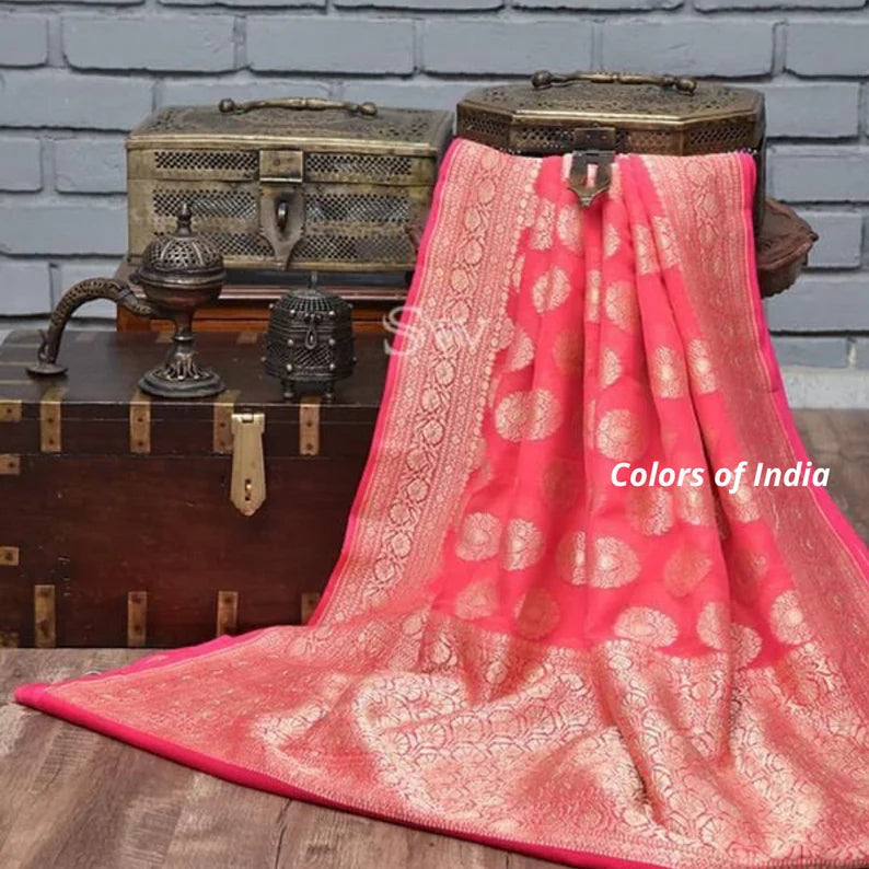 Red Party Wear Semi Georgette Saree , FREE DELIVERY