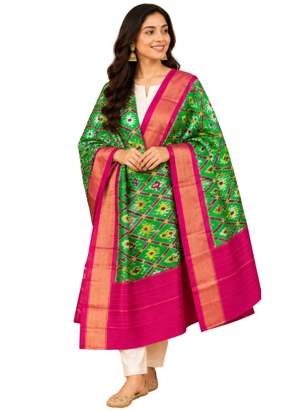 Dupatta en soie verte, Dupatta traditionnel festif pour femmes, CERTIFIÉ SILK MARK