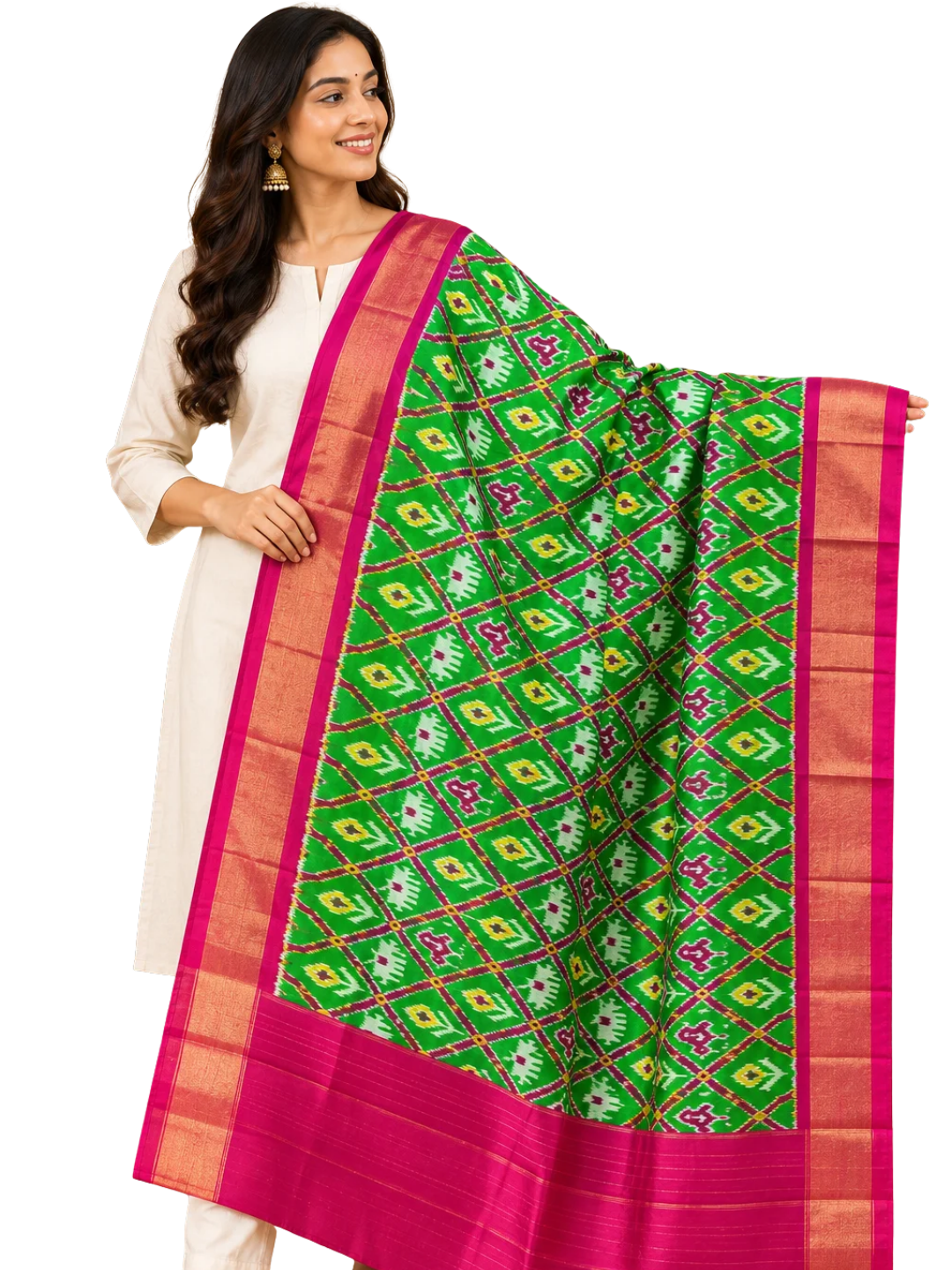 Dupatta en soie verte, Dupatta traditionnel festif pour femmes, CERTIFIÉ SILK MARK