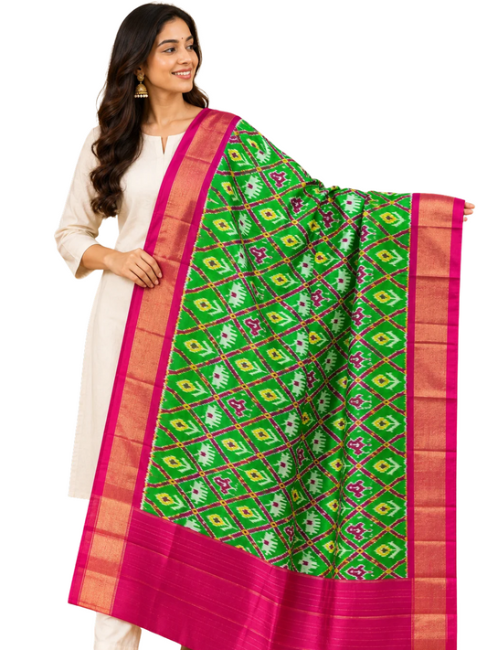 Green silk dupatta , Traditional Festive Dupatta for Women , SILK  MARK CERTIFIED