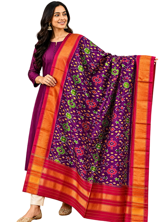Purple silk dupatta , Authentic Handloom Pure Silk Ikat Dupatta ,  SILK  MARK CERTIFIED