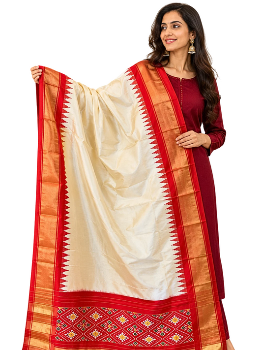 Offwhite silk dupatta , Pure Silk Ikat Dupatta ,  Designer Festive Wear for Navratri & Weddings,  SILK  MARK CERTIFIED