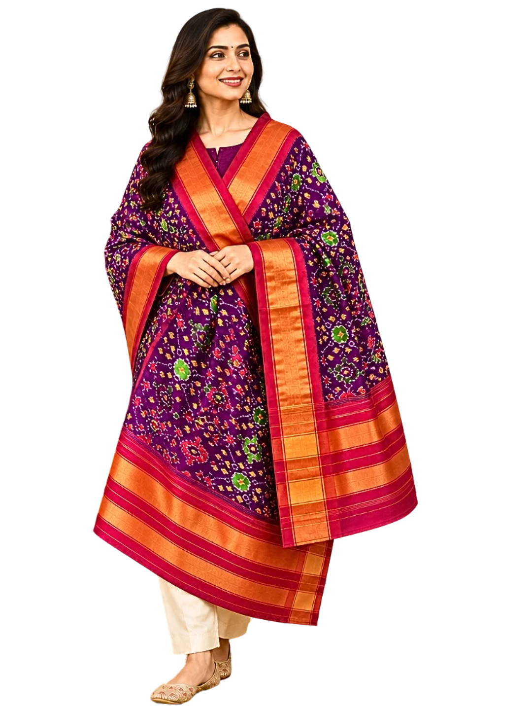Purple silk dupatta , Authentic Handloom Pure Silk Ikat Dupatta ,  SILK  MARK CERTIFIED