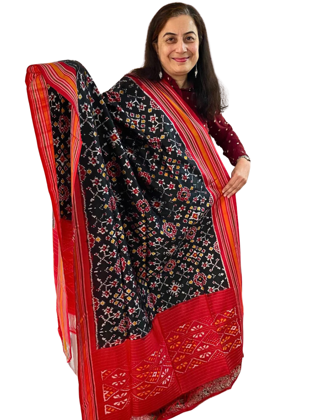 Sort silke dupatta, Håndlavet Pure Silk Ikat Dupatta, Bryllupsgæst og festlig påklædning SILKE MÆRKE CERTIFICERET