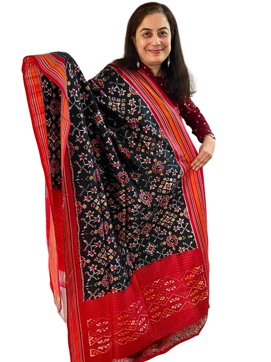 Black silk dupatta , Handmade Pure Silk Ikat Dupatta , Wedding Guest and  Festive Party Wear            SILK  MARK CERTIFIED
