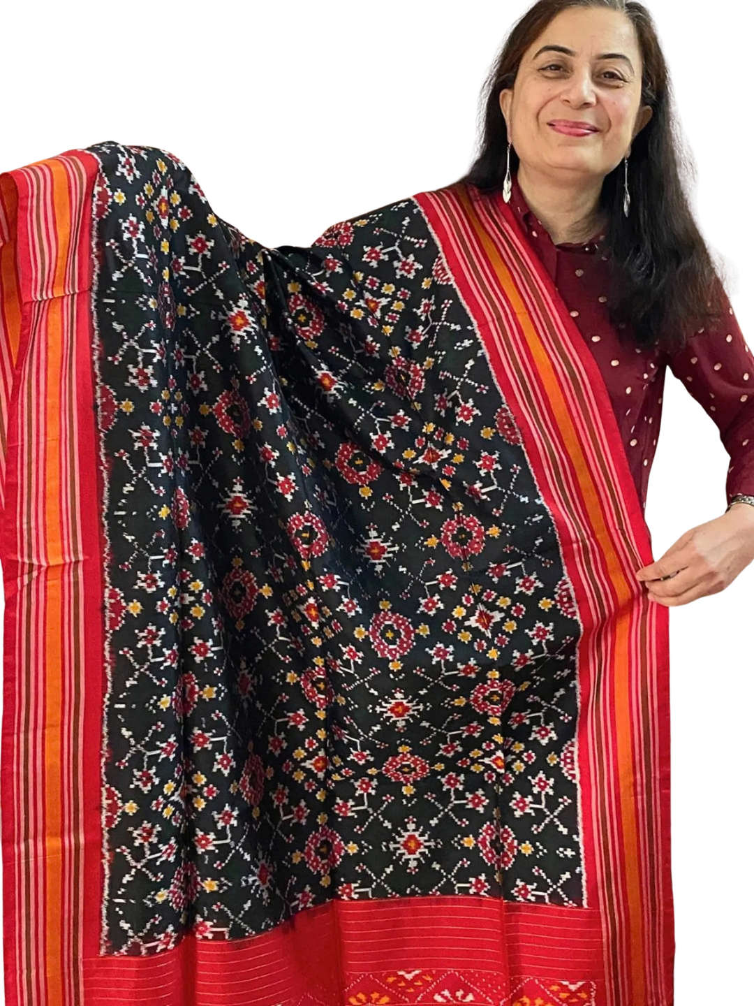 Sort silke dupatta, Håndlavet Pure Silk Ikat Dupatta, Bryllupsgæst og festlig påklædning SILKE MÆRKE CERTIFICERET