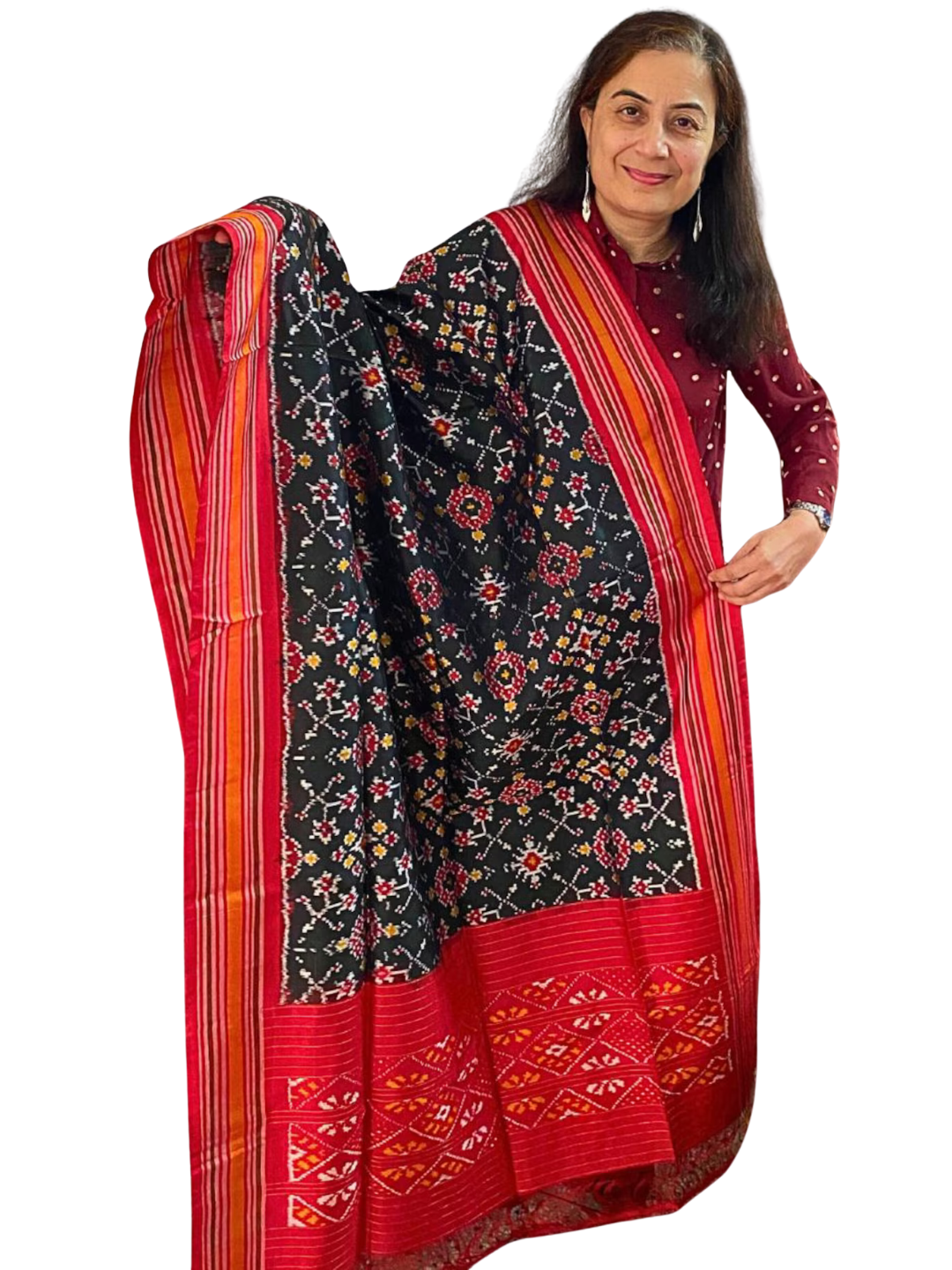 Sort silke dupatta, Håndlavet Pure Silk Ikat Dupatta, Bryllupsgæst og festlig påklædning SILKE MÆRKE CERTIFICERET