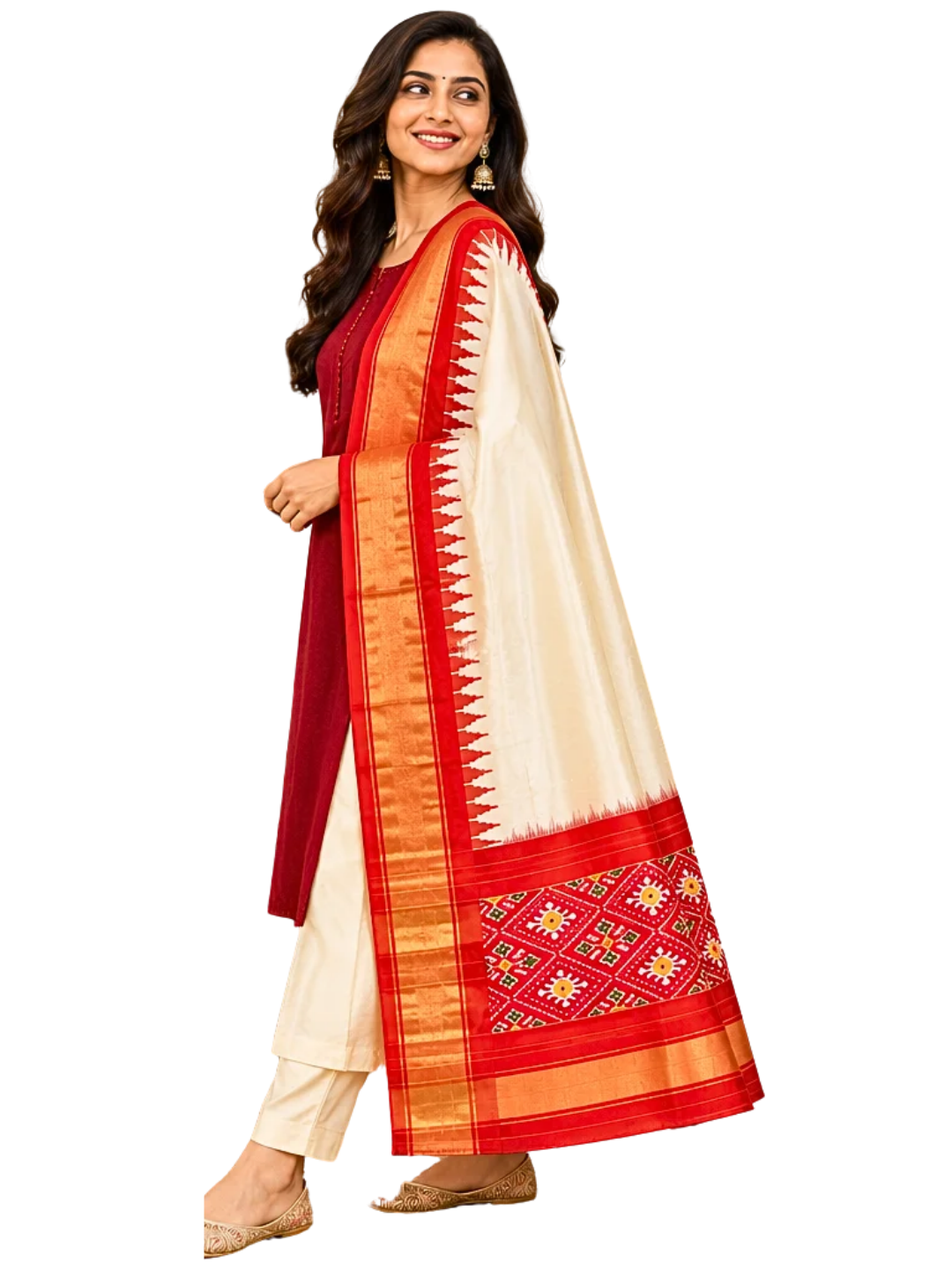 Offwhite silk dupatta , Pure Silk Ikat Dupatta ,  Designer Festive Wear for Navratri & Weddings,  SILK  MARK CERTIFIED