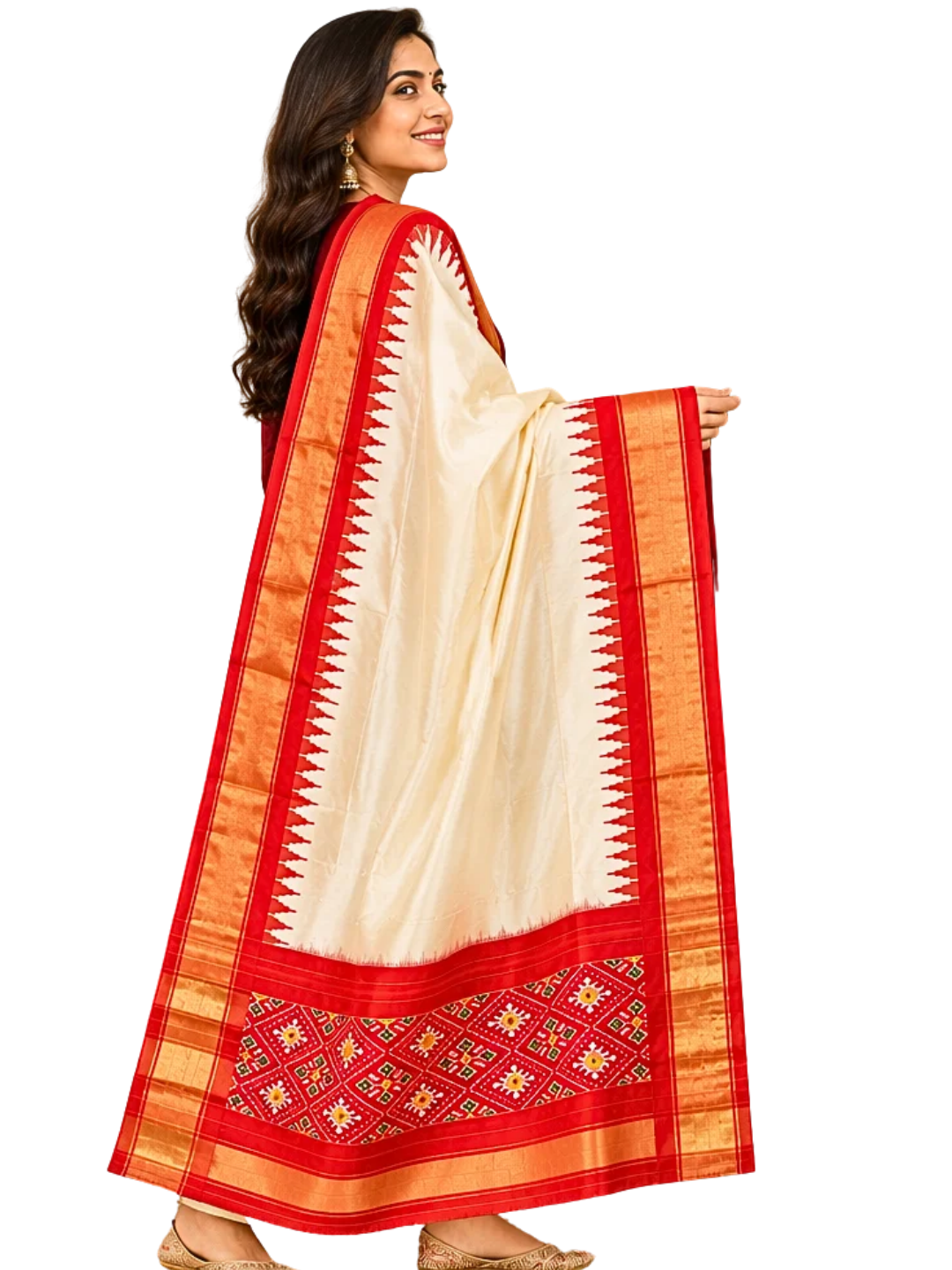 Offwhite silk dupatta , Pure Silk Ikat Dupatta ,  Designer Festive Wear for Navratri & Weddings,  SILK  MARK CERTIFIED