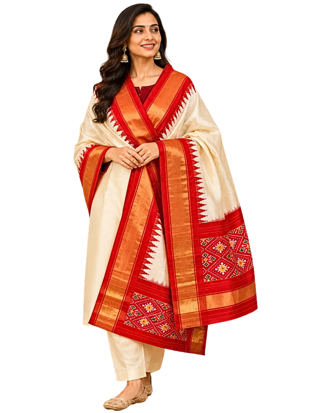 Offwhite silk dupatta , Pure Silk Ikat Dupatta ,  Designer Festive Wear for Navratri & Weddings,  SILK  MARK CERTIFIED