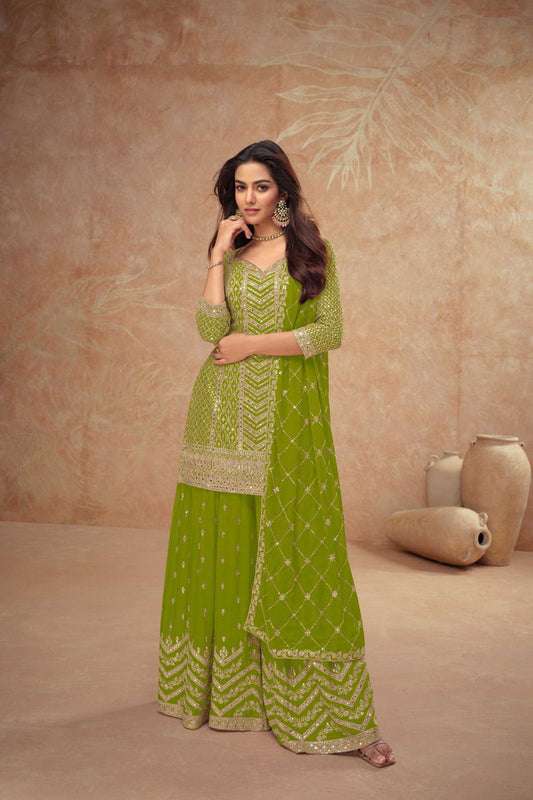 Mint Green Embroidered Palazzo Suit with Dupatta – Wedding & Festive Wear