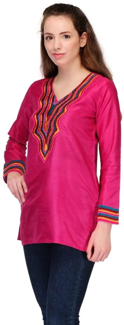 Pink Embroidered Art Silk Kurti  ,FREE  DELIVERY