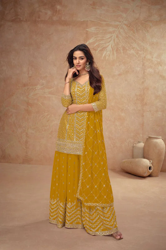 Mustard Yellow Embroidered Palazzo Suit with Dupatta – Festive & Party Wear