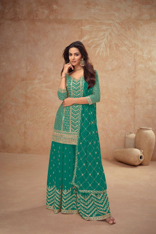 Aqua Green Palazzo Suit with Embroidery & Dupatta – Designer Festive Wear