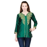 Bottle Green Art Silk Embroidered Kurti   , FREE  DELIVERY