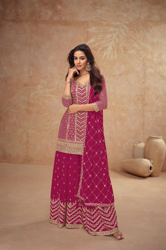 Cherry Red Embroidered Palazzo Suit with Dupatta – Party & Wedding Outfit