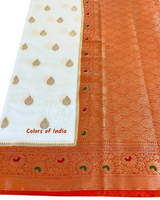 White saree with orange  border  and heavy  pallu   , FREE  DELIVERY