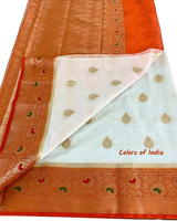 White saree with orange  border  and heavy  pallu   , FREE  DELIVERY