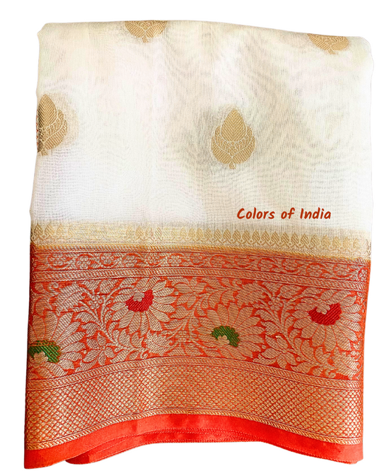 White saree with orange  border  and heavy  pallu   , FREE  DELIVERY