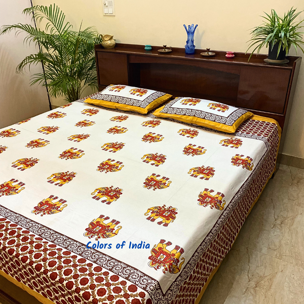 White Handblock Printed Cotton Queen Size Bedsheeet  , FREE  DELIVERY