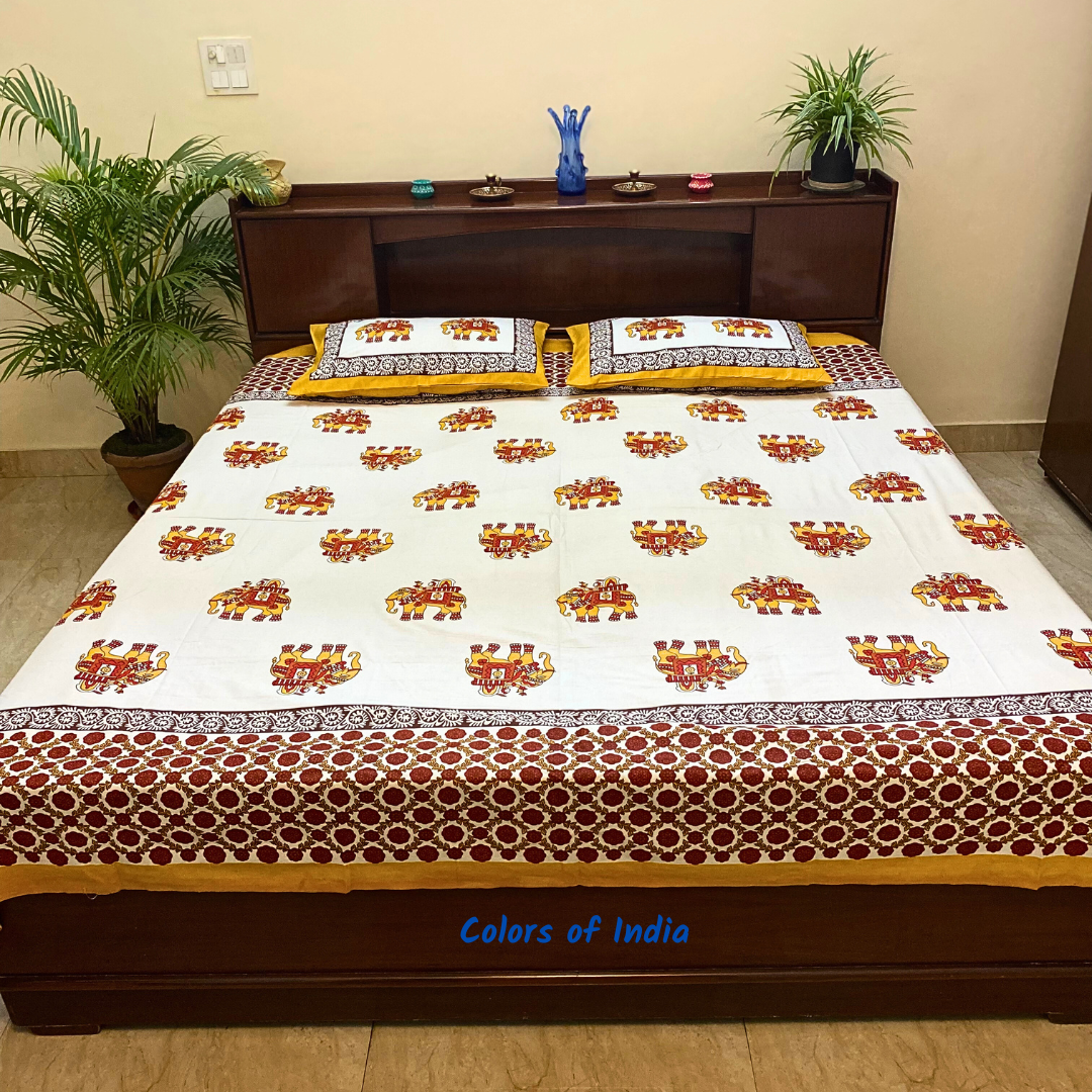 White Handblock Printed Cotton Queen Size Bedsheeet  , FREE  DELIVERY