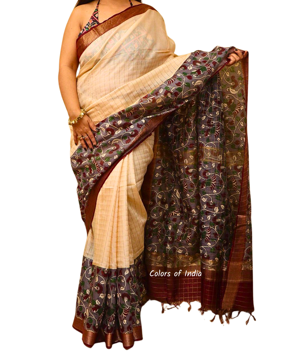 Handloom Silk Cotton Saree with Kalamkari Printed Border  and Pallu