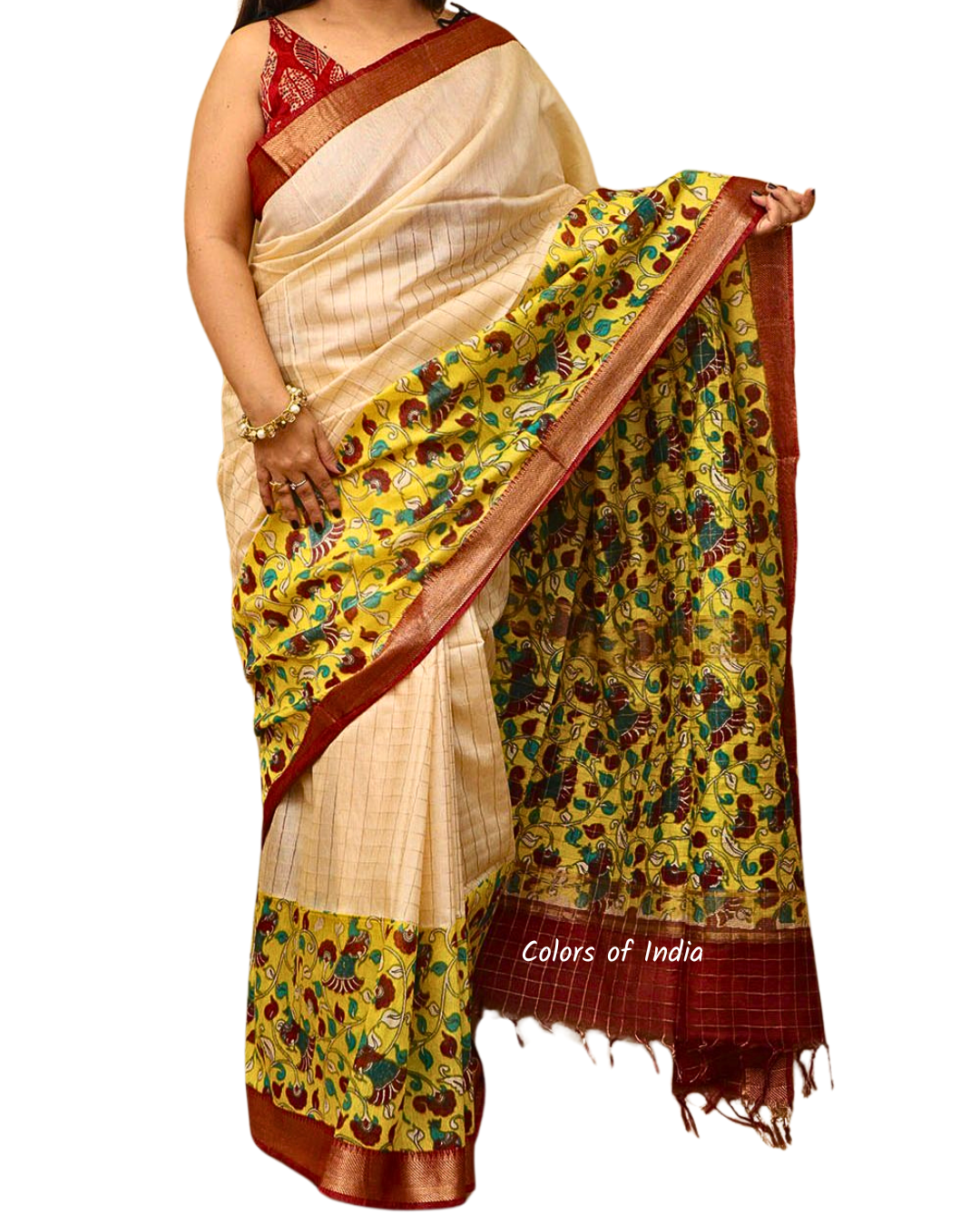 Handloom Silk Cotton Saree with Kalamkari Printed Border  and Pallu