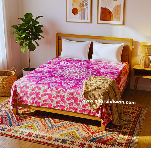 Magenta Mandala Cotton Bedsheet Twin Size with 2 White  Pillow Covers