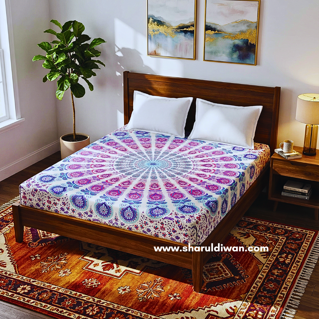 Blue Pink Mandala Cotton Bedsheet Twin Size With 2 White Pillow Covers
